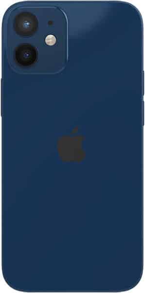 Rear view of blue iPhone 12 mini showing dual cameras and flash in top left, centered Apple logo below.
