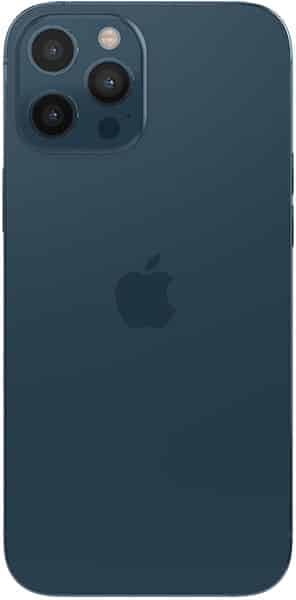 Apple iPhone 12 Pro Max rear view, showing triple camera setup and Apple logo on Pacific Blue finish