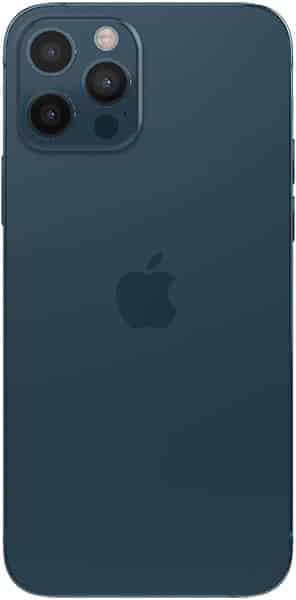 Apple iPhone 12 Pro, rear view, showing triple-lens camera array and Apple logo on pacific blue back