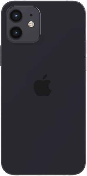 Apple iPhone 12 rear view, black, showing dual camera setup and Apple logo