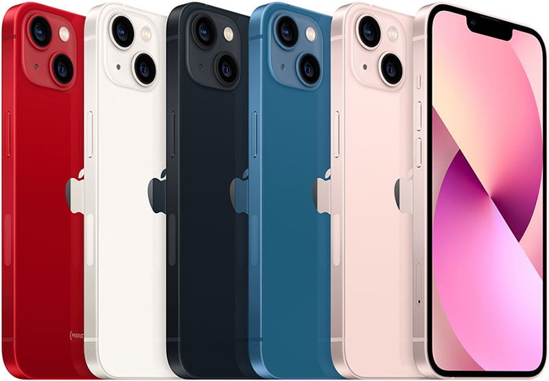 IPhone 13 mini lineup in red, white, black, blue, and pink shown rear and side; front view with display also featured.