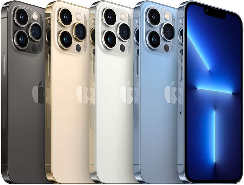 Apple iPhone 13 Pro in five color options shown from rear and front angles: space gray, gold, silver, sierra blue, and screen-on view