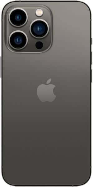 Apple iPhone 13 Pro rear view showing triple camera system and Apple logo on space gray background