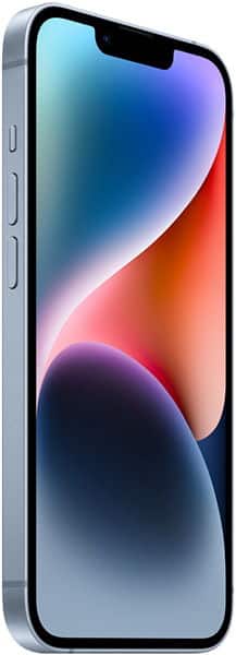 Front view of Apple iPhone 14 Plus showing slim metallic frame, edge-to-edge display, side buttons, and camera notch.
