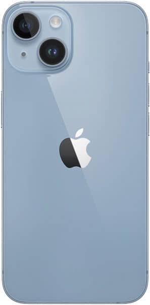 Rear view of blue iPhone 14 Plus showing dual cameras, flash in top left, and centered Apple logo.