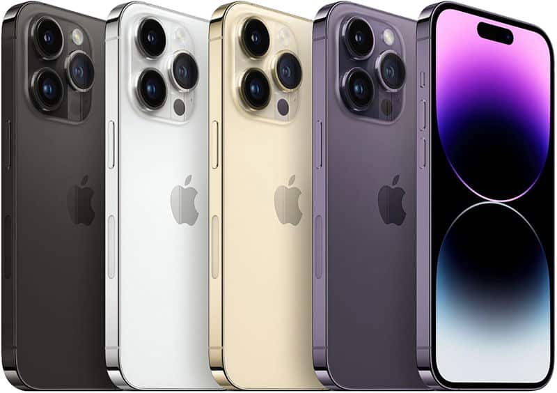 Apple iPhone 14 Pro Max, rear view, in five color options: black, silver, gold, deep purple, and display screen visible on rightmost unit