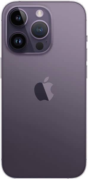 Apple iPhone 14 Pro, rear view, showing triple camera system and flat edges on deep purple finish