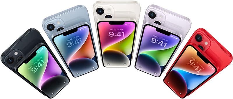 Apple iPhone 14 in five color options arranged in a circle, front view showing colorful gradient lock screens at 9:41