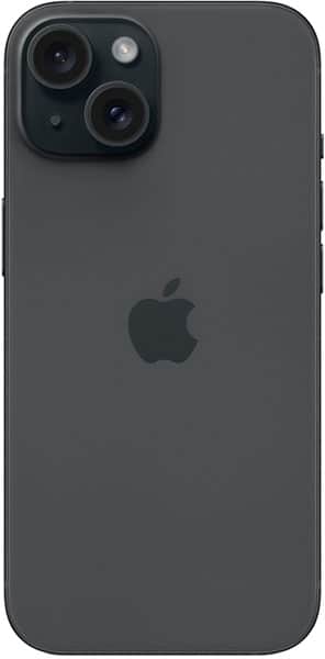 Apple iPhone 15 Plus rear view, dark gray, showing dual camera system and Apple logo