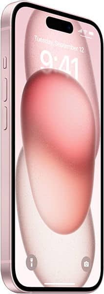 Apple iPhone 15 Plus in pink, front view, displaying lock screen with time 9:41 and a large spherical graphic