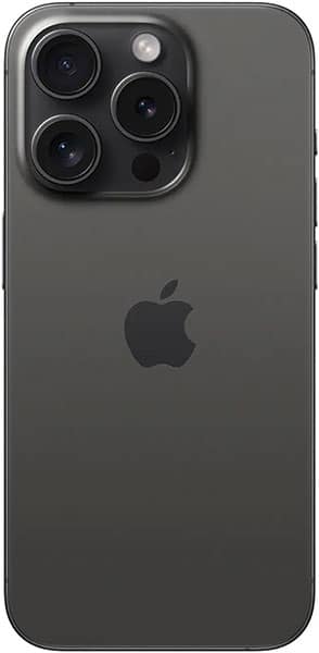 Apple iPhone 15 Pro Max rear view showing triple camera system and Apple logo on space black finish