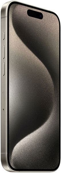 Apple iPhone 15 Pro, front view, displaying curved abstract gradient on screen with notch at top