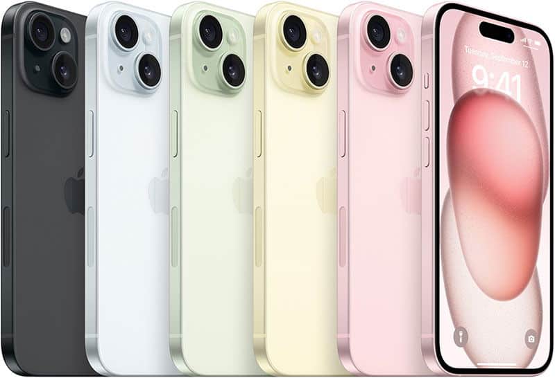 Apple iPhone 15 in six colors shown front and rear views: black, white, green, yellow, pink, and rose, displayed in a row