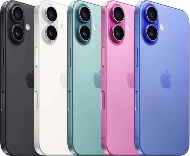 Apple iPhone 16 Plus rear views in five colors: black, white, teal, pink, and blue, showing dual camera system