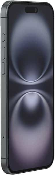 Apple iPhone 16 Plus front view, displaying dark wallpaper with spherical design on screen