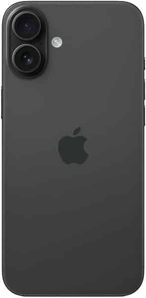 Apple iPhone 16 Plus rear view, black finish with dual camera system and Apple logo