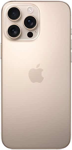 Apple iPhone 16 Pro Max rear view, showing three camera lenses and light sensor on cream-colored back with Apple logo