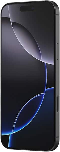 Apple iPhone 16 Pro Max, front view, displaying a dark wallpaper with blue and white curved light streaks