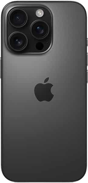Apple iPhone 16 Pro, space black, rear view showing triple-lens camera system and Apple logo