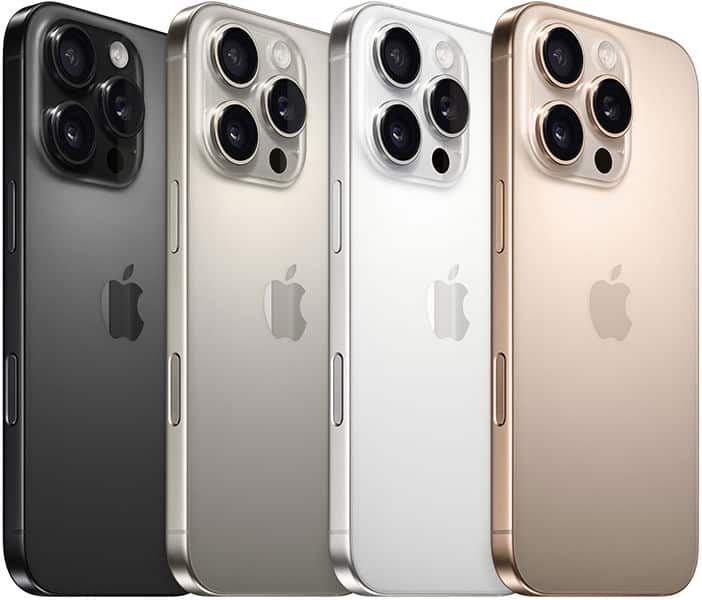Apple iPhone 16 Pro rear view in four color options: black, natural titanium, white, and rose gold