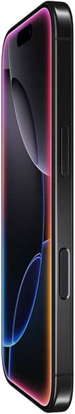 Apple iPhone 16 Pro, side view, showing black frame with colorful gradient display featuring curved edges