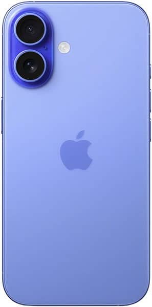 Apple iPhone 16 rear view in blue, showing dual camera system and Apple logo