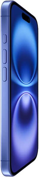 Apple iPhone 16, side view, showing blue gradient display and volume buttons along the edge