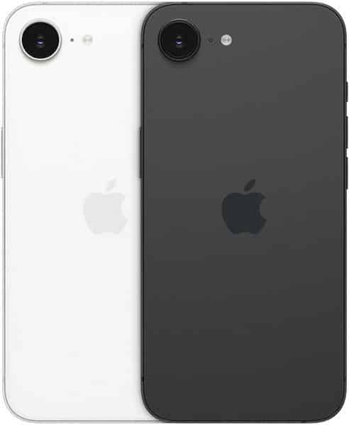 Two Apple iPhones shown from the rear: white model on left, black on right, each with single camera lens and Apple logo