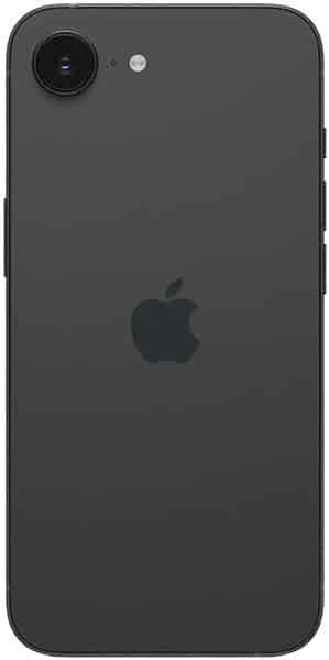 Apple iPhone 16e rear view showing circular camera lens and Apple logo on black back panel