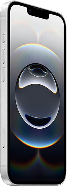 Apple iPhone 16e, front view, displaying abstract spherical design with iridescent gradient on screen