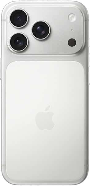 Apple iPhone 17 Pro Max rear view, white, showing triple camera system and large battery pack module