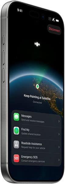 Apple iPhone 17 Pro, front view with screen showing satellite connectivity features and app menu including Messages, Find My, Roadside Assistance, and Emergency SOS