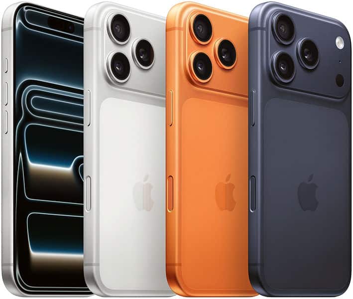 Apple iPhone 17 Pro in four colors: black, white, orange, and navy, shown from rear angle with triple camera setup