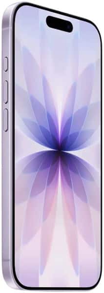 Apple iPhone 17 front view displaying home screen with purple and white radial gradient flower pattern wallpaper