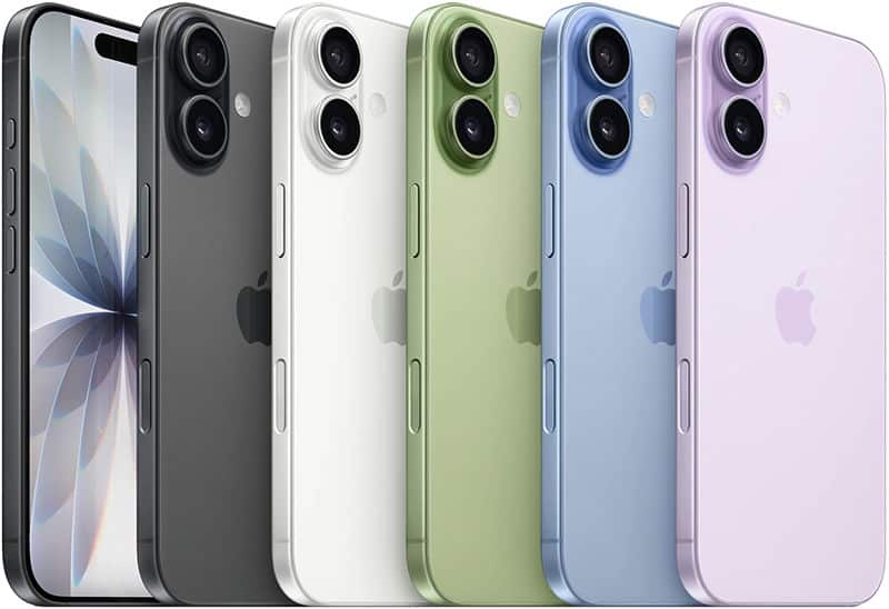 Apple iPhone 17 in six color options displayed front and rear: black, white, green, blue, and pink