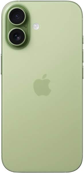Apple iPhone 17 rear view in green, showing dual camera setup and Apple logo