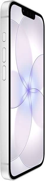 Apple iPhone 17e, front view, white model with display showing abstract floral design and notch at top