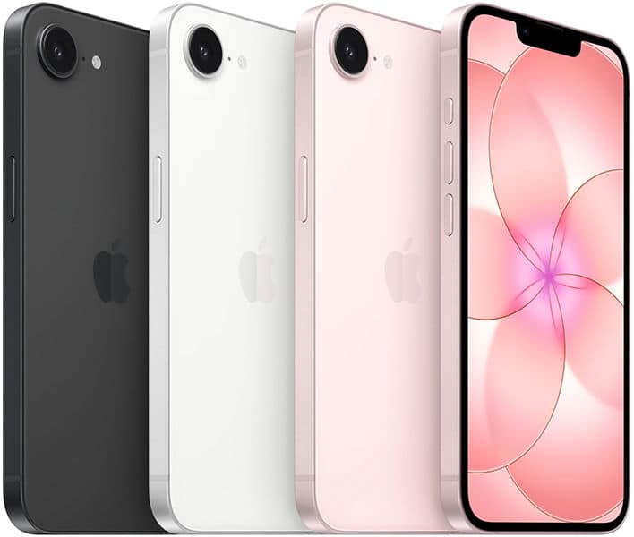 Apple iPhone 17e shown from rear and front in black, white, and pink, displaying camera and notched screen