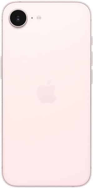 Apple iPhone 17e rear view, light pink, showing circular camera lens and Apple logo