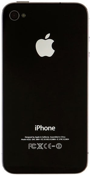 Rear view of iPhone 4s with Apple logo at top, camera and flash in upper left, and white product info text along the bottom.