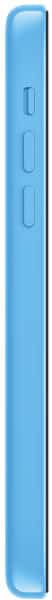 Apple iPhone 5c, side view, in light blue with volume and mute buttons visible