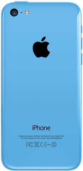 Apple iPhone 5c rear view, bright blue plastic back with black Apple logo and camera lens visible