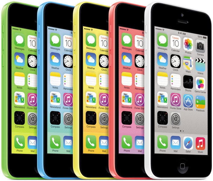 Apple iPhone 5c front view in five colors: green, blue, yellow, red, and white, displaying home screens with apps