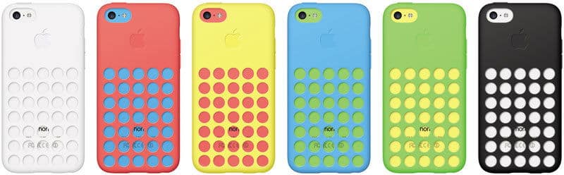 Apple iPhone 5c cases in six colors: white, red, yellow, blue, green, and black, each with dot pattern design, front view