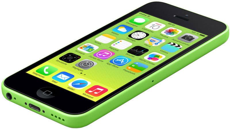 Apple iPhone 5c front view, bright green plastic back with black screen displaying home icons
