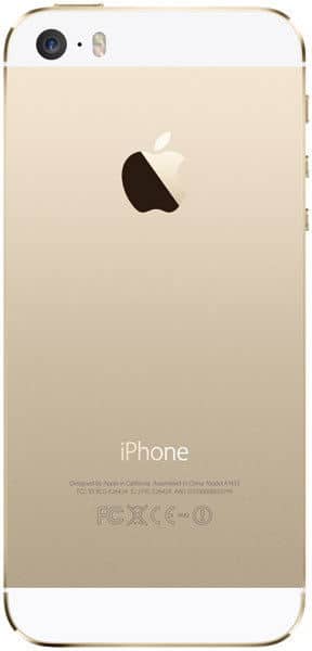 Rear view of a gold iPhone 5s showing Apple logo centered, camera and flash top left, branding and regulatory info at the bottom.