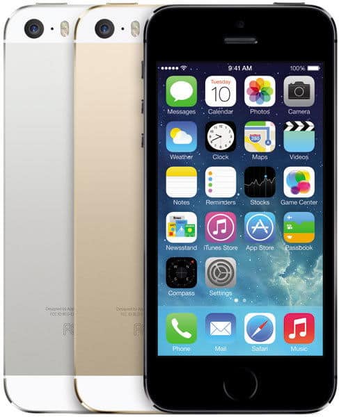 Apple iPhone 5s trio: front view shows home screen, rear silver and gold units highlight back design and color options.