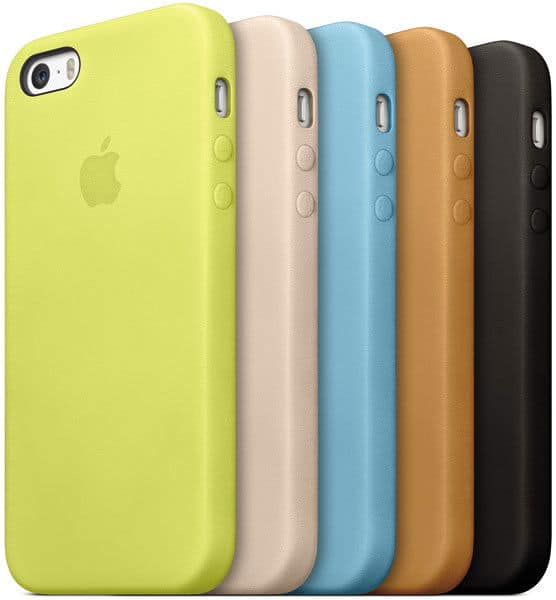 Five iPhone 5s cases—yellow-green, beige, blue, brown, black—rear and side views show volume and mute buttons.