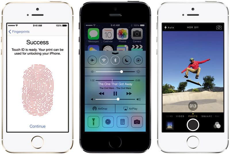 Front view of three iPhone 5s devices showing fingerprint setup, Control Center with music, and camera app in use.