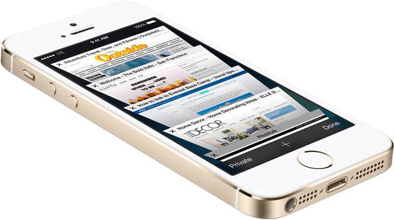 Gold and white iPhone 5s shown angled front, displaying multiple open browser tabs on screen, on a white background.